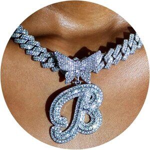 Cuban Link Chain for Women Cursive Silver Initial 14MM Diamond Prong Cuban Chain